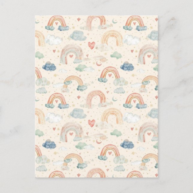 Postal Pastel Watercolor Baby Announcement Card | Rainbow (Anverso)