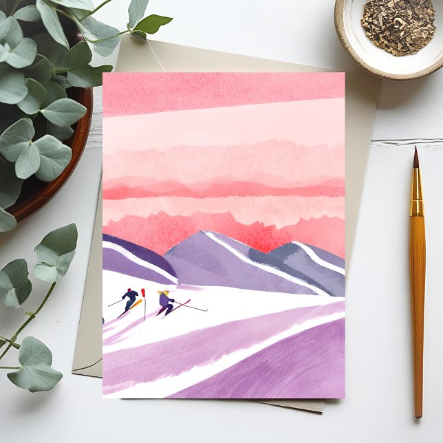 Postal Pastel Watercolor Ski Mountain Sunset (Subido por el creador)
