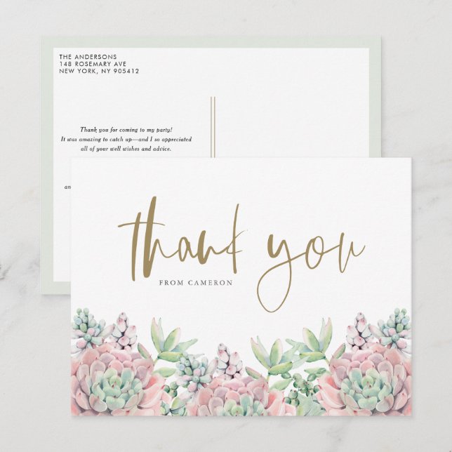 Postal Pastel Watercolor Succulens Cumpleaños Gracias (Anverso / Reverso)