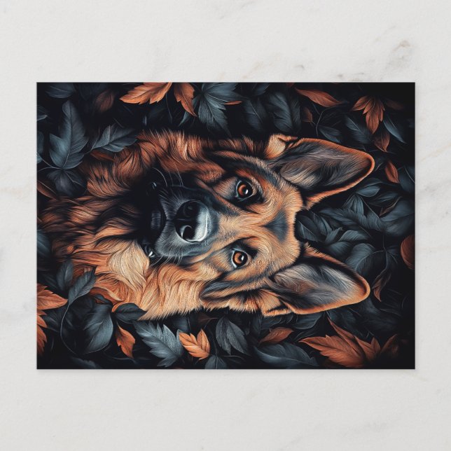 Postal Pastor alemán en hojas (Anverso)