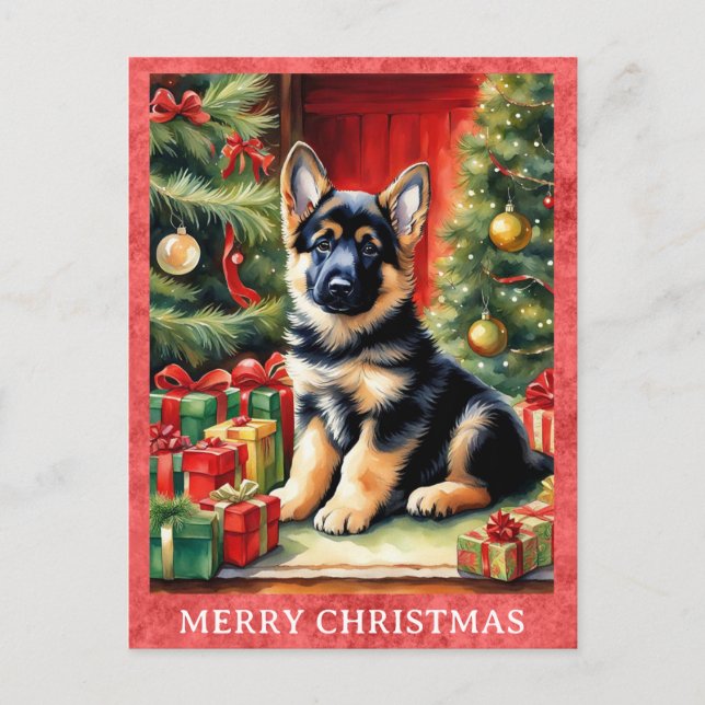 Postal Pastor alemán Merry Christmas Cute Puppy Dog (Anverso)