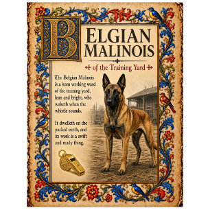 Postal Pastor Belga Malinois, Arte de Bestiario Medieval