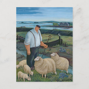 Postal Pastor con oveja en el paisaje fluvial