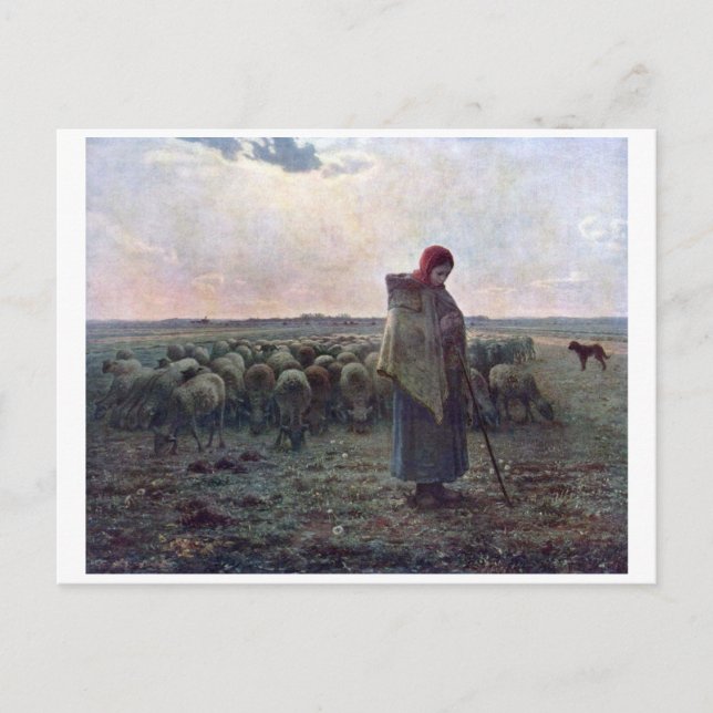 Postal Pastora con su rebaño, Jean-Francois Millet (Anverso)