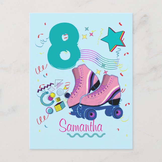 Postal Patinaje retro Chica de cumpleaños (Anverso)