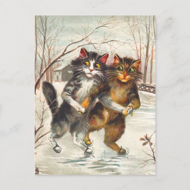 Postal Patinaje Sobre Hielo En Pareja De Gatos (Anverso)
