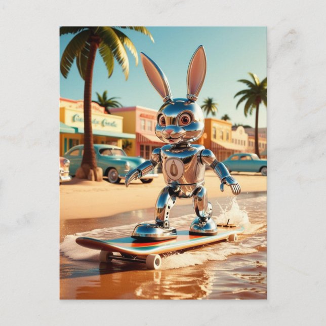 Postal patinaje sobre ruedas de conejo en la playa (Anverso)