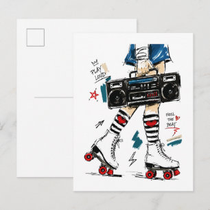 Postal Patinar con música Boombox Patines Retro
