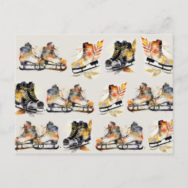 Postal Patines de hielo acuarela con patrón de hojas otoñ