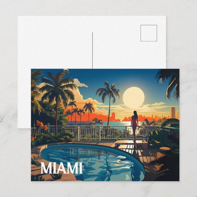 Postal Patio de piscina al amanecer con vistas a Miami Be (Anverso / Reverso)