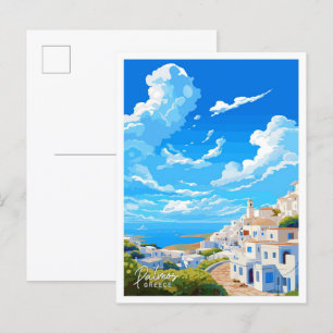 Postal Patmos Grecia ilustracion de arte Viaje Vintage