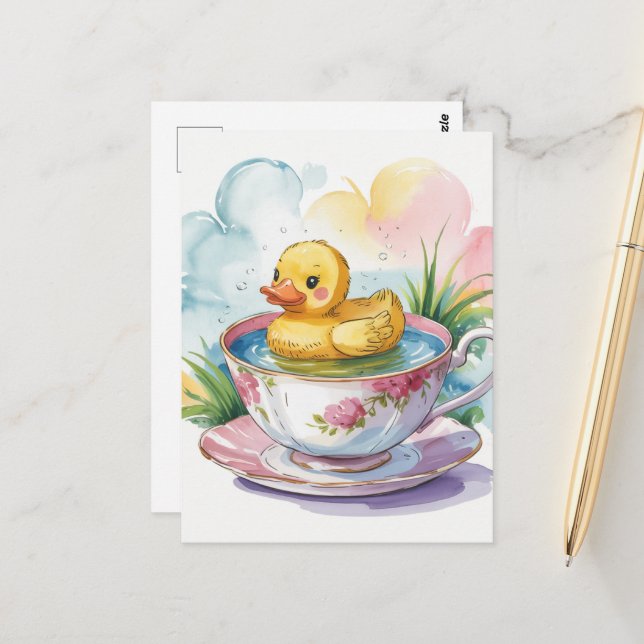 Postal Pato adorable en una taza de té (Anverso/Reverso In Situ)
