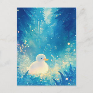 Postal Pato blanco a la acuarela en bosque mágico azul