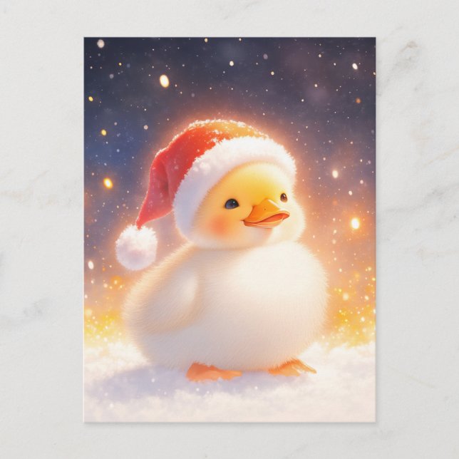 Postal Pato Blanco con Gorro Rojo de Santa en la Nieve (Anverso)