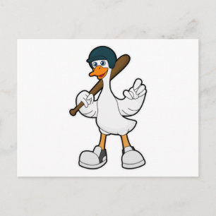 Postal Pato en béisbol con raqueta de béisbol y casco