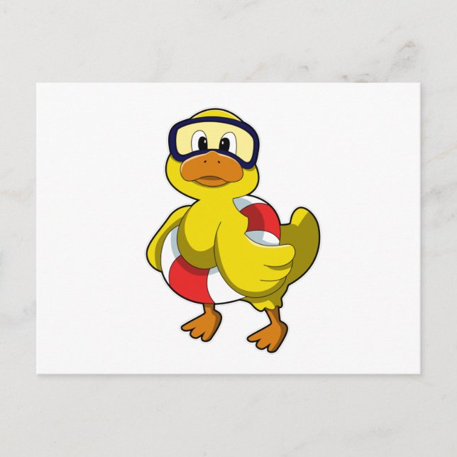 Postal Pato en Natación con anillo de natación y gafas de (Anverso)
