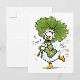 Postal Pato lindo con paraguas de hoja y bonete floral