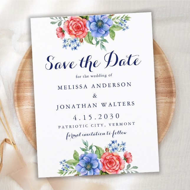 Postal Patriótico Floral Boda Azul Rojo Salvar La Fecha (Subido por el creador)