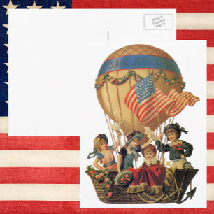 Postal Patriótico vintage, niños en globo aerostático