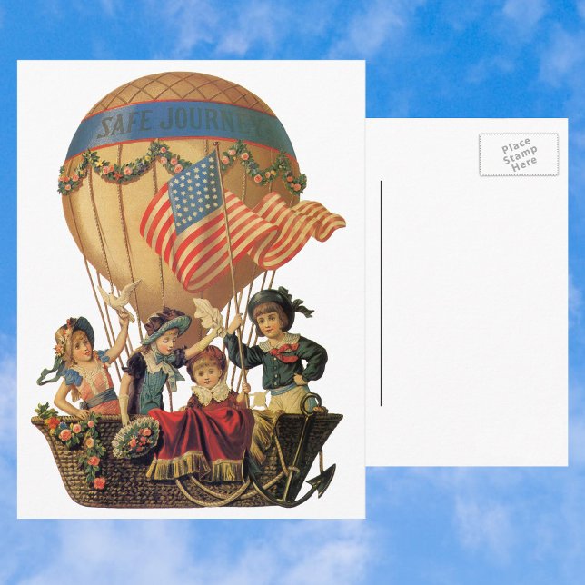 Postal Patriótico vintage, niños en globo aerostático (Subido por el creador)
