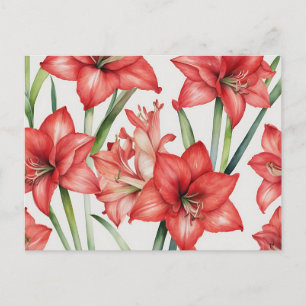 Postal Patrón acuarela vibrante de Amaryllis en rojo