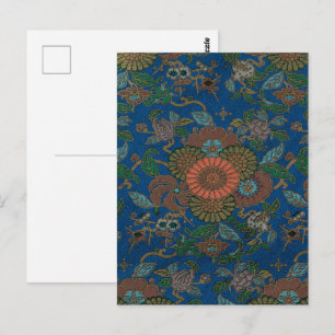 Postal Patrón Antiguo Floral Japonés Azul Real