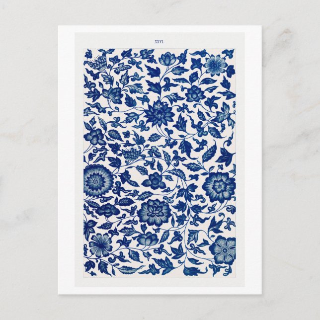 Postal Patrón azul de flores chinas del libro Owen Jones (Anverso)