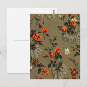 Postal Patrón Botánico de Rosa Naranja Floral Oscura Vint