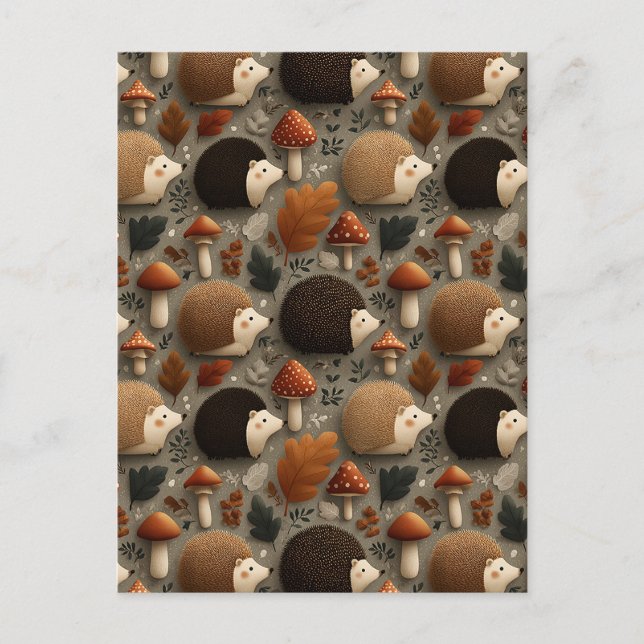 Postal Patrón caprichoso de erizo y hongo de otoño (Anverso)