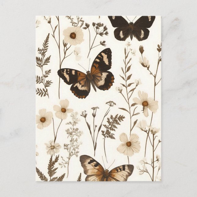 Postal Patrón caprichoso de mariposa y flor (Anverso)