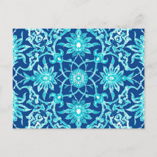 Postal Patrón chino modernista - azul y turquesa