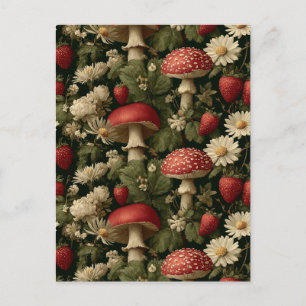 Postal Patrón continuo con Fly Agaric rojo y flores