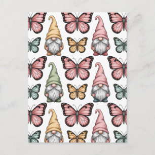 Postal Patrón continuo con gnomos y mariposas