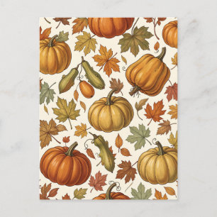 Postal Patrón continuo de calabaza y hojas de otoño