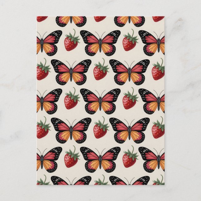 Postal Patrón continuo de mariposas y fresas (Anverso)