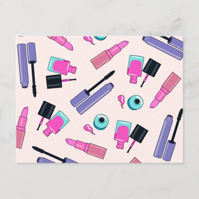 Postal Patrón cosmético de maquillaje rosa y púrpura (Anverso)