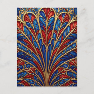 Postal Patrón de abanico de pavo real ornamentado azul ro
