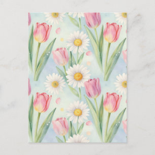 Postal Patrón de acuarela de primavera con tulipanes rosa
