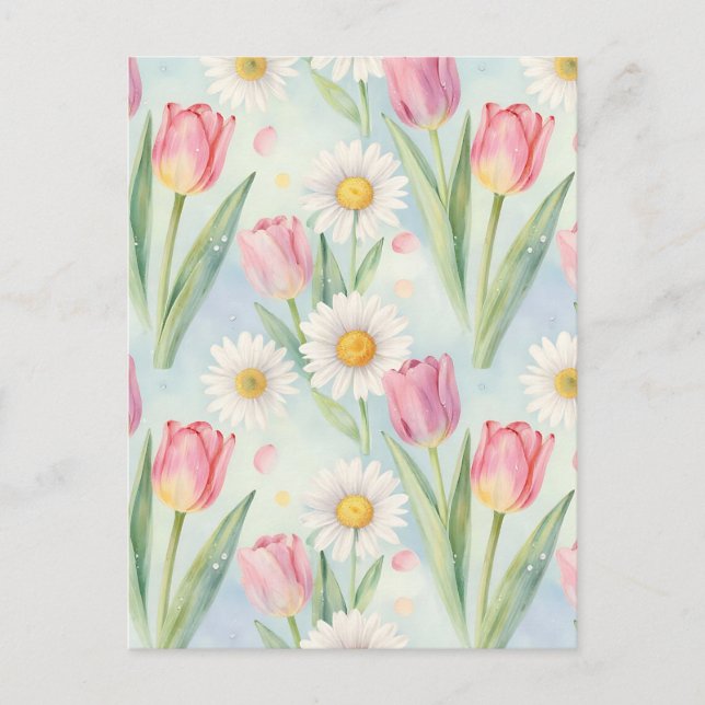 Postal Patrón de acuarela de primavera con tulipanes rosa (Anverso)