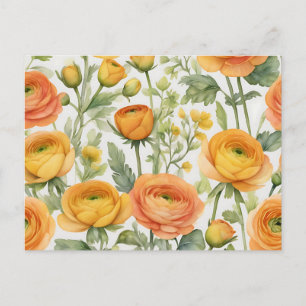 Postal Patrón de acuarela de ranúnculo vibrante en amaril