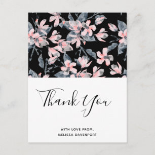 Postal Patrón de acuarela floral rosa y gris, gracias