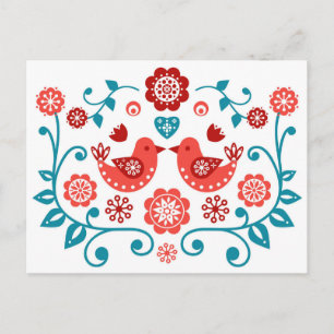 Postal patrón de arte folclórico escandinavo rojo y azul