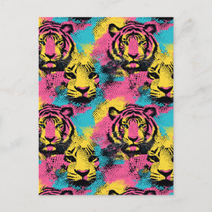 Postal Patrón de arte pop del tigre en rosa, amarillo y a
