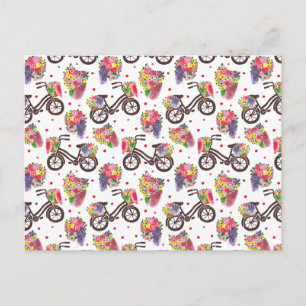Postal Patrón de bicicletas de las flores de época