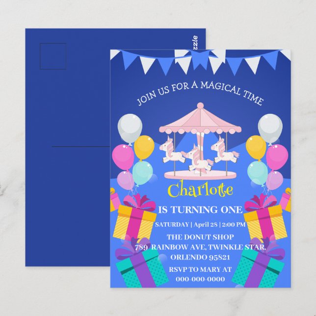 Postal Patrón de carrusel de arcoíris de Unicornio mágico (Anverso / Reverso)