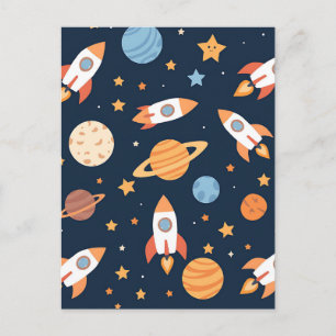 Postal Patrón de cohetes y planetas del espacio lindo