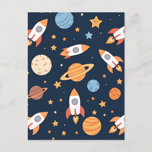 Postal Patrón de cohetes y planetas del espacio lindo (Anverso)