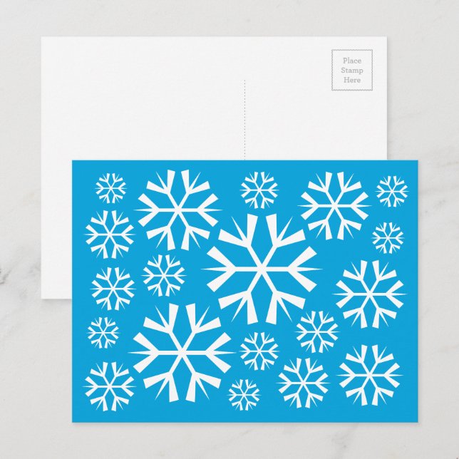 Postal Patrón de copos de nieve blancos en fondo azul (Anverso / Reverso)