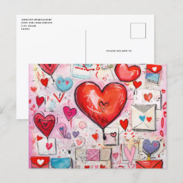 Postal Patrón de corazones y letras de amor caprichosos