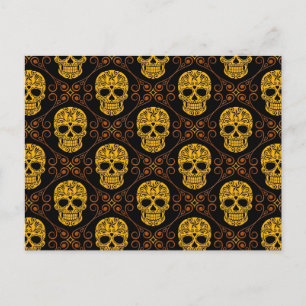 Postal Patrón de cráneo de azúcar amarillo y negro